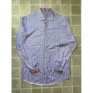 Bugatchi Uomo Men's Long Sleeve Shaped Fit Check Shirt Blue Pink L Flip Cuffs